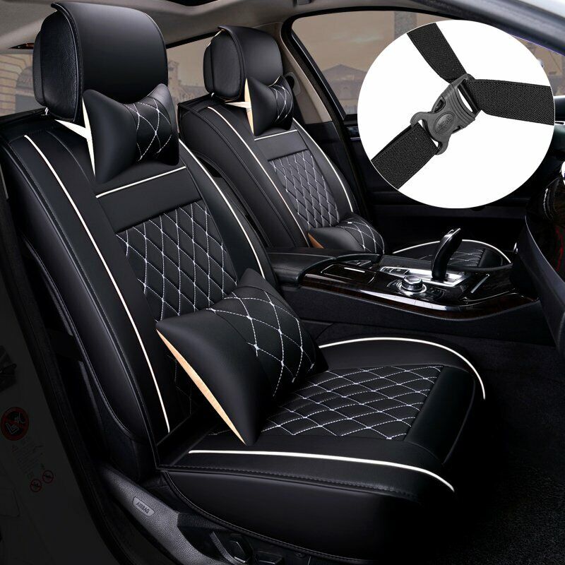 Luxury Leather Front + Rear Car Seat Covers 5-Seats Cushion Full Set  Universal