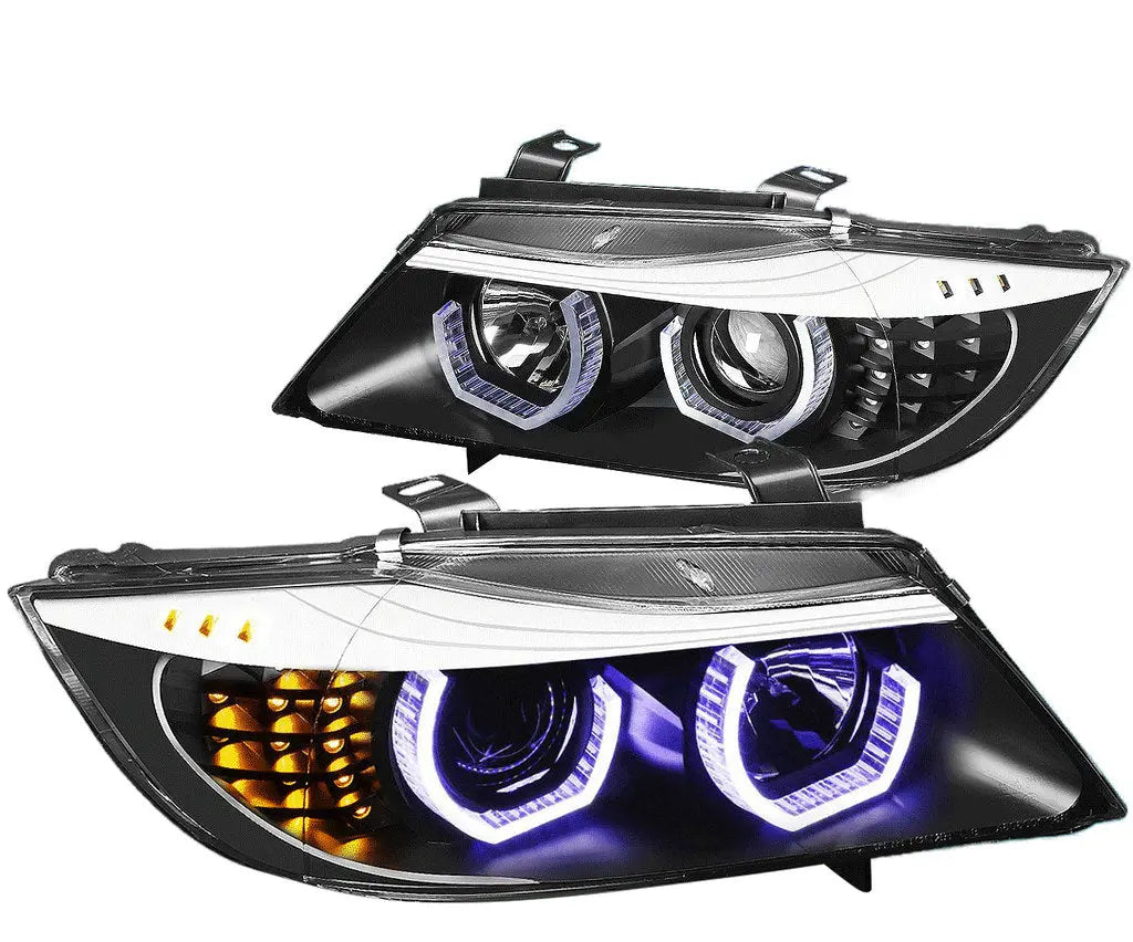 FOR 05-08 BMW E90 3-SERIES BLACK 3D CRYSTAL HALO PROJECTOR HEADLIGHT+LED  CORNER