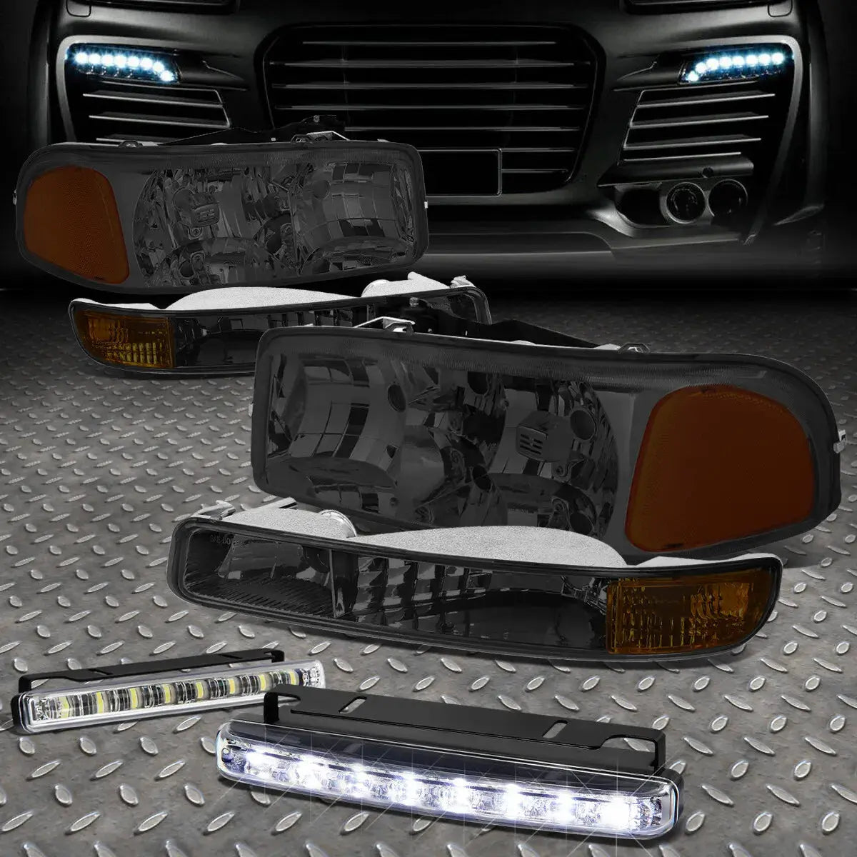 Smoked Housing Headlight+Amber Light+8 Led Grill Fog Light 99-06