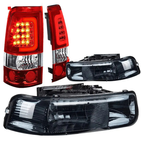 99-02 Silverado Smoked Crystal Headlight+Corner+Red 3D Led Bar Tail Lamp Set DNA MOTORING