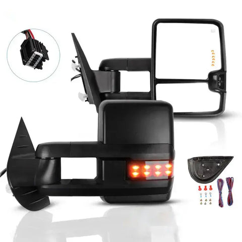 A Pair of Tow Mirrors fit for 2007-2013 Chevy Silverado 1500 with Power Control Heat Turn Signal Manual Extending with Black Housing ECCPP