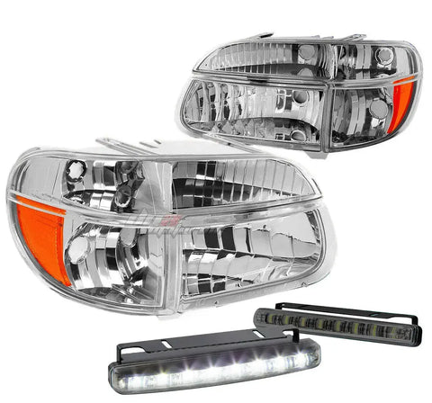 95-01 Explorer/Mountaineer Chrome/Amber Side Head Light+Smoked Led Fog Light DNA MOTORING