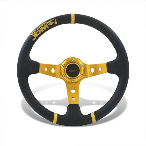 Black PVC Gold Stripe 6 Hole + Horn Universal JDM Sport 14" 350mm Steering Wheel AJP DIST