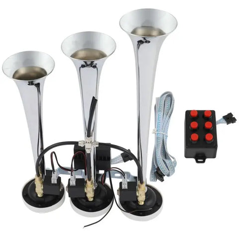 Chrome Plated Musical Loudest 3 Trumpet Train Air Horn 6 Tune With Wired Remote ECCPP