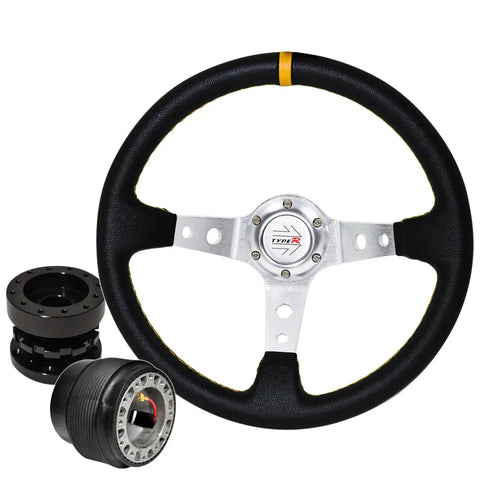 For 90-96 300Zx Deep Dish Black Steering Wheel + Black Hub Extender + Adapter AJP DIST