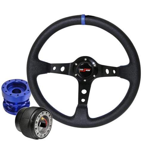 For 90-96 300Zx Deep Dish Black Steering Wheel + Blue Hub Extender + Adapter AJP DIST