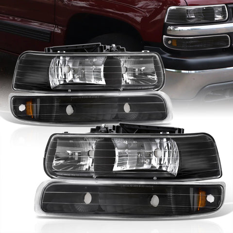 Chevrolet Silverado 1999-2002 / Suburban Tahoe 2000-2006 Factory Style Headlights + Bumpers Black Housing Clear Len Amber Reflector (All Black Bumpers)