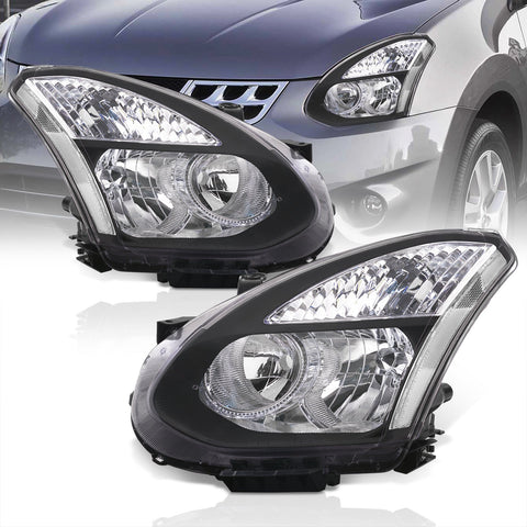 Nissan Rogue 2008-2013 Factory Style Headlights Black Housing Clear Len Clear Reflector (Halogen Models Only)