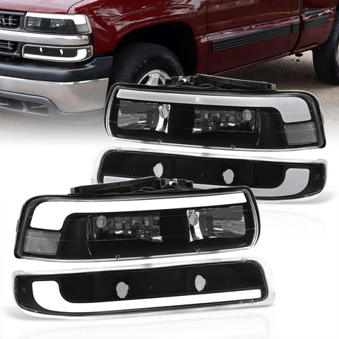 Chevrolet Silverado 1999-2002 / Suburban Tahoe 2000-2006 LED DRL Bar Factory Style Headlights + Bumpers Black Housing Clear Len Clear Reflector