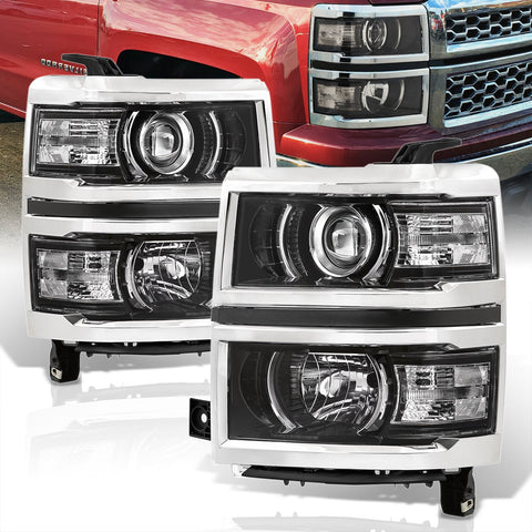 Chevrolet Silverado 1500 2014-2015 Factory Style Projector Headlights Black Housing Clear Len Clear Reflector