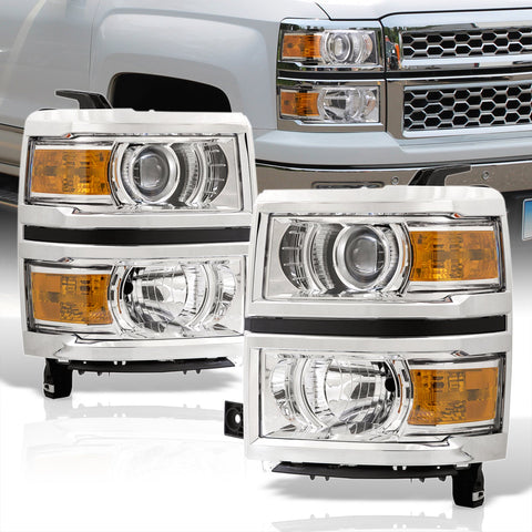 Chevrolet Silverado 1500 2014-2015 Factory Style Projector Headlights Chrome Housing Clear Len Amber Reflector