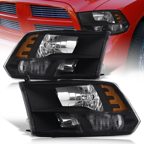 Dodge Ram 1500 2009-2018 / Ram 2500 3500 2010-2018 / Ram 4500 5500 2011-2018 / Ram 1500 Classic 2019-2023 Factory Style Quad Headlights Black Housing Clear Len Amber Reflector (Halogen Models Only)