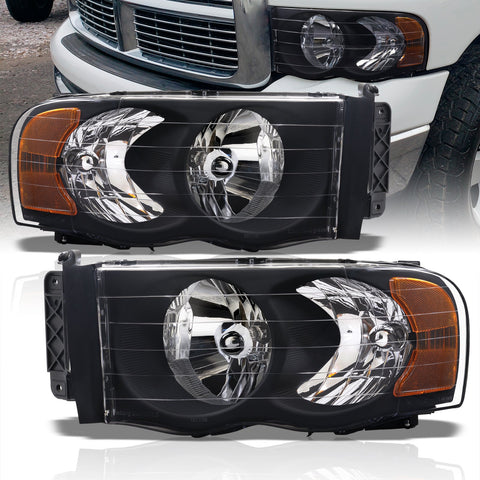 Dodge Ram 1500 Truck 2002-2005 / 2500 3500 Truck 2003-2005 Factory Style Headlights Black Housing Clear Len Clear Reflector