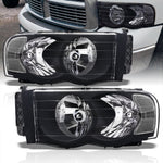 Dodge Ram 1500 Truck 2002-2005 / 2500 3500 Truck 2003-2005 Factory Style Headlights Black Housing Clear Len Amber Reflector