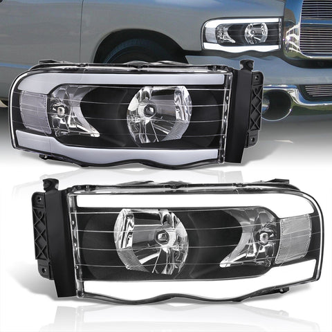 Dodge Ram 1500 2002-2005 / Ram 2500 3500 2003-2005 LED DRL Bar Factory Style Headlights Black Housing Clear Len Clear Reflector