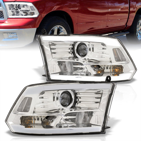 Dodge Ram 1500 2009-2018 / Ram 2500 3500 2010-2018 LED DRL Bar Projector Headlights Chrome Housing Clear Len Clear Reflector (Dual / Quad Models Headlamps Only)