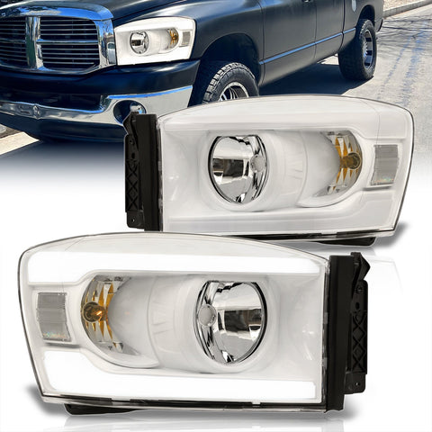 Dodge Ram 1500 2006-2008 / Ram 2500 3500 2006-2009 LED DRL Bar Factory Style Headlights White Housing Clear Len Clear Reflector