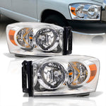 Dodge Ram 1500 2006-2008 / Ram 2500 3500 2006-2009 Factory Style Headlights Chrome Housing Clear Len Amber Reflector