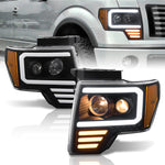 Ford F150 2009-2014 LED DRL Bar Projector Headlights Black Housing Clear Len Amber Reflector (Halogen Models Only)