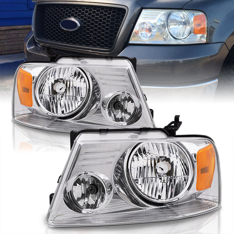 Ford F150 2004-2008 / Lincoln Mark LT 2006-2008 Factory Style Headlights Chrome Housing Clear Len Amber Reflector