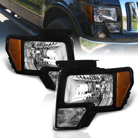 Ford F150 2009-2014 Factory Style Headlights Black Housing Clear Len Amber Reflector (Halogen Models Only)