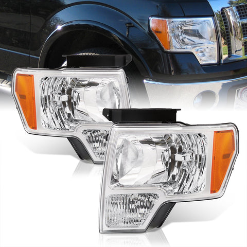 Ford F150 2009-2014 Factory Style Headlights Chrome Housing Clear Len Amber Reflector (Halogen Models Only)