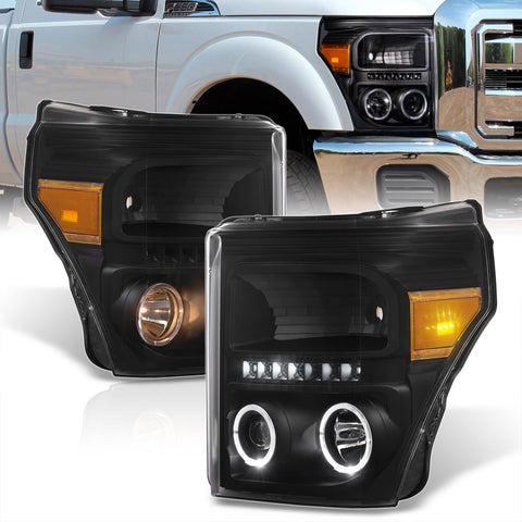 Ford F250 F350 F450 F550 Super Duty 2011-2016 LED DRL Halo Projector Headlights Black Housing Clear Len Amber Reflector