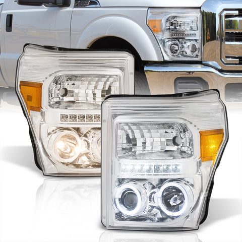 Ford F250 F350 F450 F550 Super Duty 2011-2016 LED DRL Halo Projector Headlights Chrome Housing Clear Len Amber Reflector