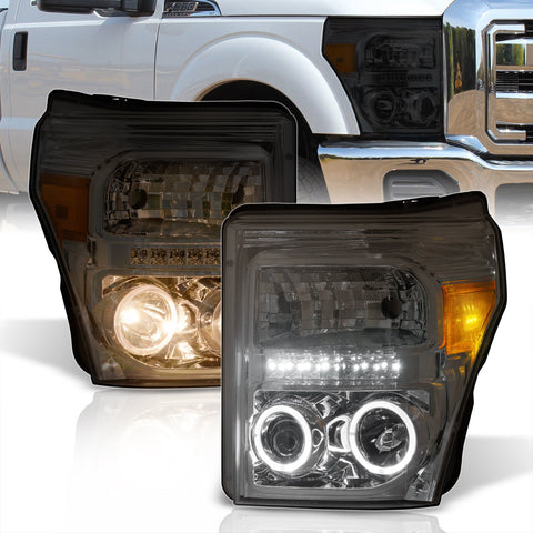 Ford F250 F350 F450 F550 Super Duty 2011-2016 LED DRL Halo Projector Headlights Chrome Housing Smoke Len Amber Reflector