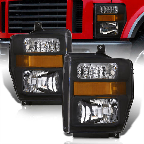 Ford F250 F350 F450 F550 Super Duty 2008-2010 Factory Style Headlights Black Housing Clear Len Amber Reflector