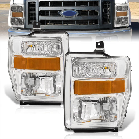 Ford F250 F350 F450 F550 Super Duty 2008-2010 Factory Style Headlights Chrome Housing Clear Len Amber Reflector