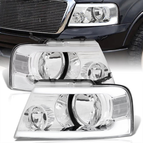 Ford F150 2004-2008 / Lincoln Mark LT 2005-2008 LED DRL Bar Factory Style Headlights Chrome Housing Clear Len Clear Reflector