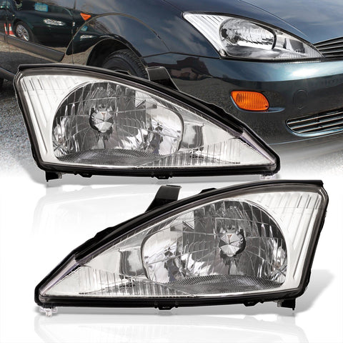 Ford Focus 2000-2004 Factory Style Headlights Chrome Housing Clear Len Clear Reflector