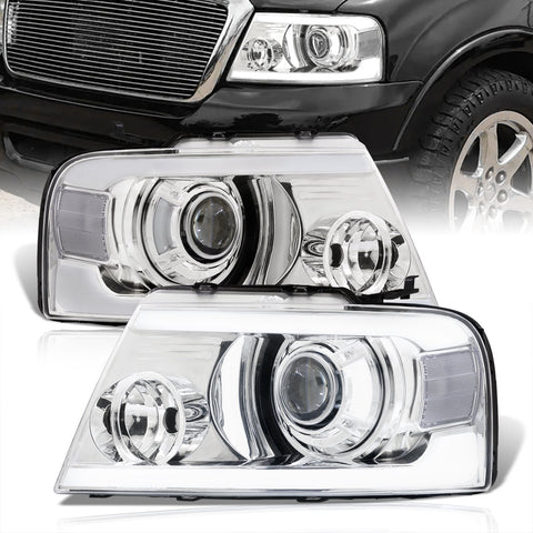 Ford F150 2004-2008 LED DRL Bar Projector Headlights Chrome Housing Clear Len Clear Reflector