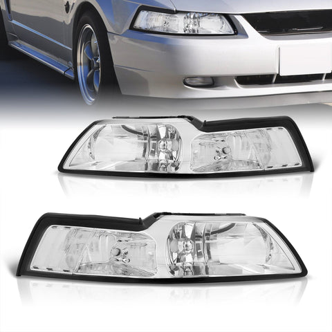 Ford Mustang 1999-2004 Factory Style Headlights Chrome Housing Clear Len Clear Reflector