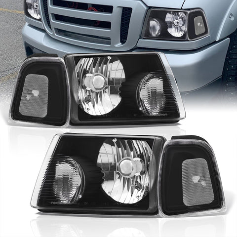 Ford Ranger 2001-2011 Factory Style Headlights + Corners Black Housing Clear Len Clear Reflector