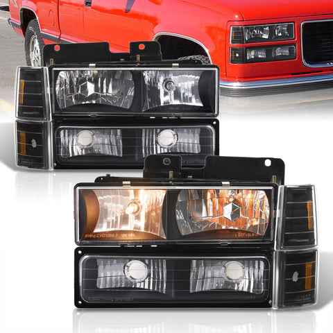 GMC C/K 1500 2500 3500 1994-2000 Factory Style Headlights + Bumpers + Corners Black Housing Clear Len Amber Reflector