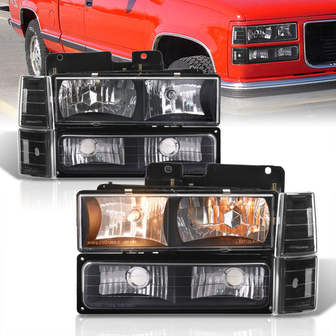 GMC C/K 1500 2500 3500 1994-2000 Factory Style Headlights + Bumpers + Corners Black Housing Clear Len Clear Reflector