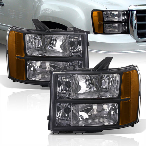 GMC Sierra 1500 2007-2013 / Sierra 2500HD 3500HD 2007-2014 Factory Style Headlights Black Housing Clear Len Amber Reflector