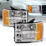 GMC Sierra 1500 2007-2013 / Sierra 2500HD 3500HD 2007-2014 Factory Style Headlights Chrome Housing Clear Len Amber Reflector