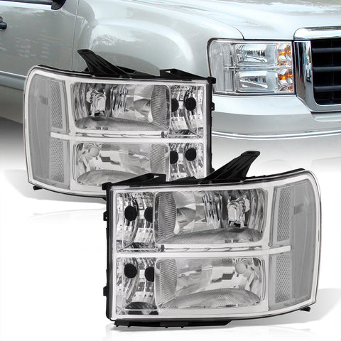 GMC Sierra 1500 2007-2013 / Sierra 2500HD 3500HD 2007-2014 Factory Style Headlights Chrome Housing Clear Len Clear Reflector