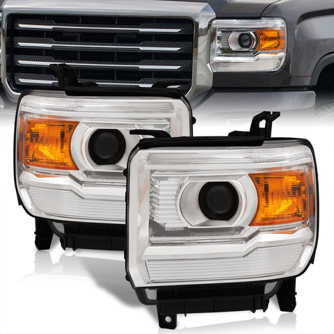 GMC Sierra 1500 2014-2018 / Sierra 2500HD 3500HD 2015-2019 Factory Style Projector Headlights Chrome Housing Clear Len Amber Reflector (Halogen Models Only)