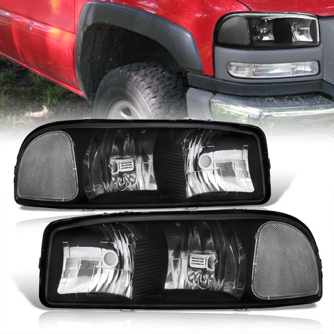 GMC Sierra 1500 1999-2007 / Sierra 2500 1999-2004 / Sierra 1500HD 2500HD 3500 2001-2007 / Yukon 1999-2006 / Yukon XL 1500 2500 2000-2006 Factory Style Headlights Black Housing Clear Len Clear Reflector