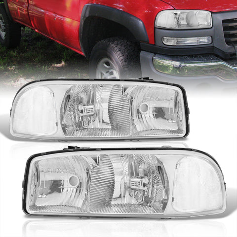 GMC Sierra 1500 1999-2007 / Sierra 2500 1999-2004 / Sierra 1500HD 2500HD 3500 2001-2007 / Yukon 1999-2006 / Yukon XL 1500 2500 2000-2006 Factory Style Headlights Chrome Housing Clear Len Clear Reflector