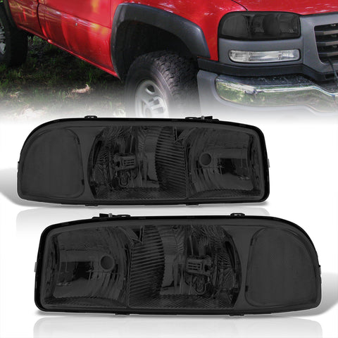 GMC Sierra 1500 1999-2007 / Sierra 2500 1999-2004 / Sierra 1500HD 2500HD 3500 2001-2007 / Yukon 1999-2006 / Yukon XL 1500 2500 2000-2006 Factory Style Headlights Chrome Housing Smoke Len Clear Reflector