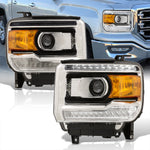 GMC Sierra 1500 2014-2018 / Sierra 2500HD 3500HD 2015-2019 LED DRL Bar Factory Style Projector Headlights Black Housing Clear Len Amber Reflector (Halogen Models Only)