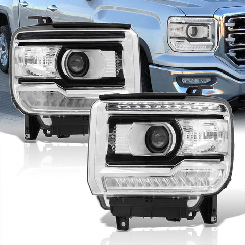 GMC Sierra 1500 2014-2018 / Sierra 2500HD 3500HD 2015-2019 LED DRL Bar Factory Style Projector Headlights Black Housing Clear Len Clear Reflector (Halogen Models Only)