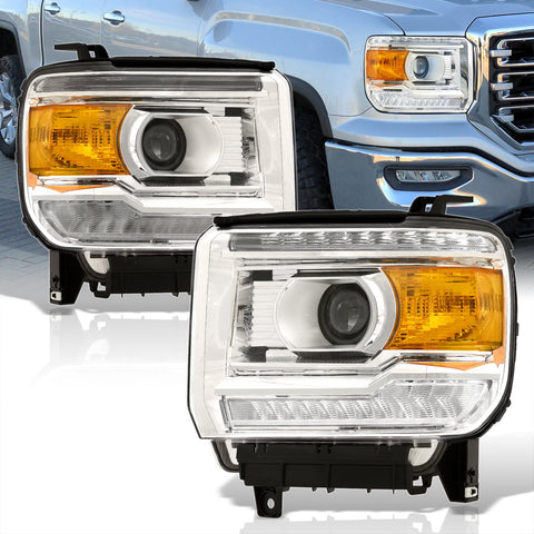 GMC Sierra 1500 2014-2018 / Sierra 2500HD 3500HD 2015-2019 LED DRL Bar Factory Style Projector Headlights Chrome Housing Clear Len Amber Reflector (Halogen Models Only)