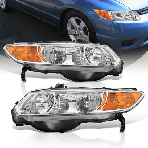 Honda Civic Coupe 2006-2011 Factory Style Headlights Chrome Housing Clear Len Amber Reflector