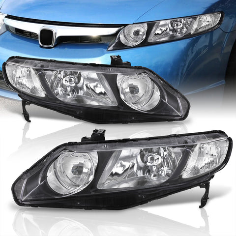 Honda Civic Sedan 2006-2011 Factory Style Headlights Black Housing Clear Len Clear Reflector